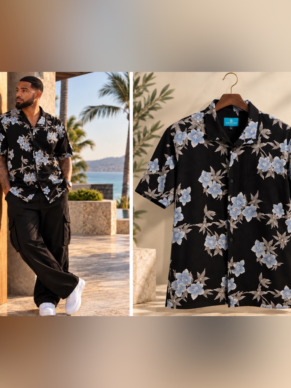 Tori Richard Cotton Lawn Floral Hawaiian Aloha Shirt Black Blue Men's Large L